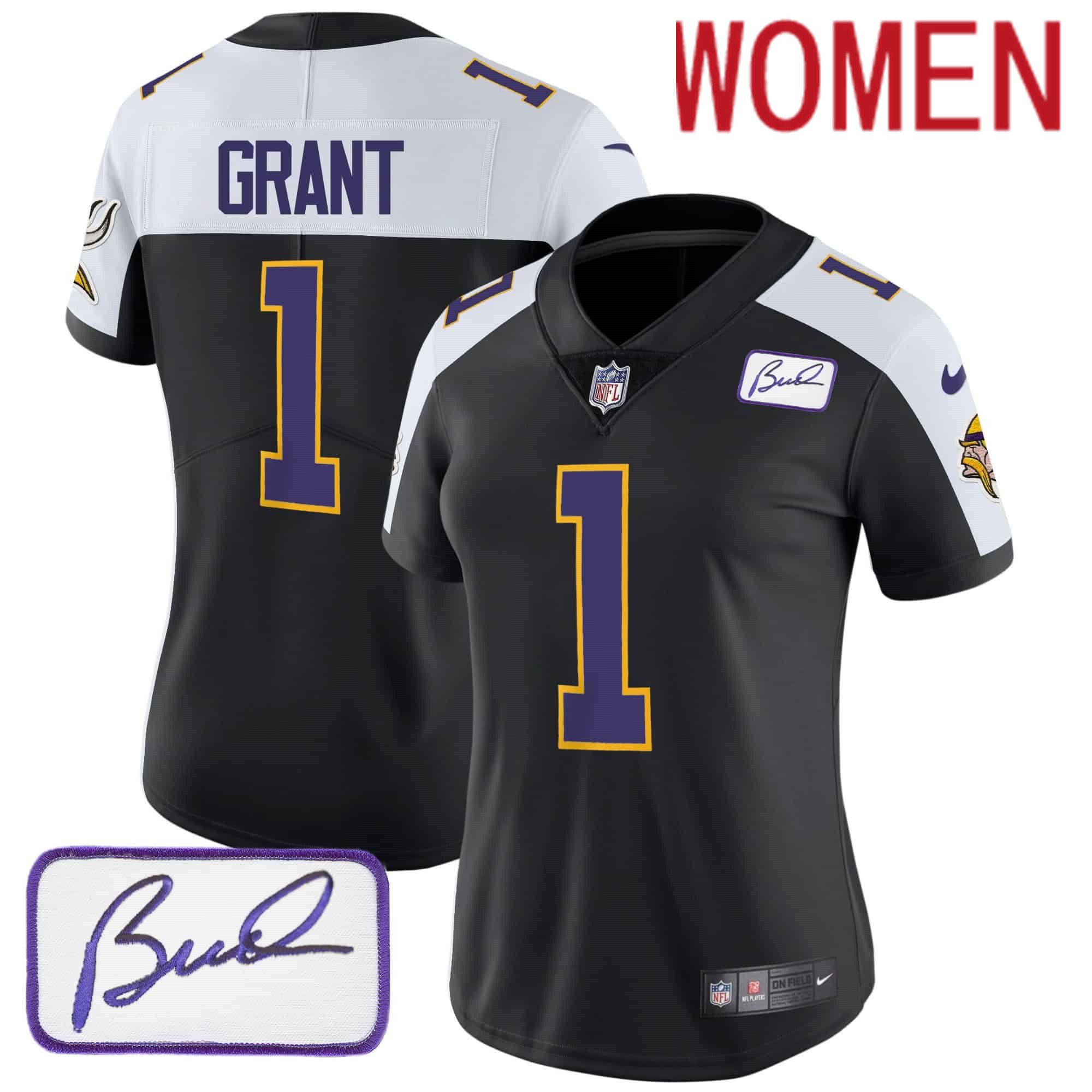 Women Minnesota Vikings 1 Grant Black 2024 Nike Bud Grant Patch Classic Limited NFL Jersey style 1